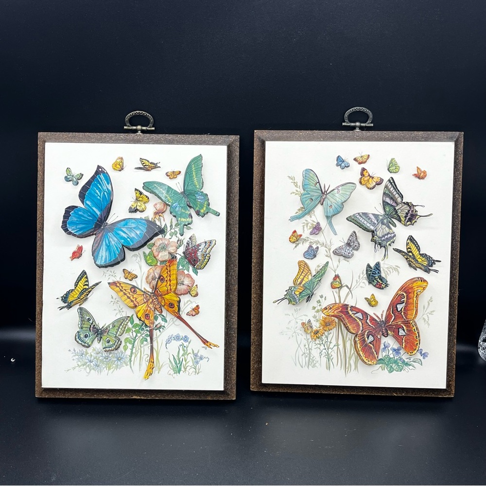 Two Vintage Butterfly Prints on Wood